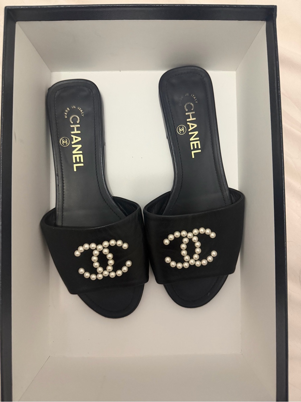 CHANEL Black Pearl-Embellished CC Slide Sandals